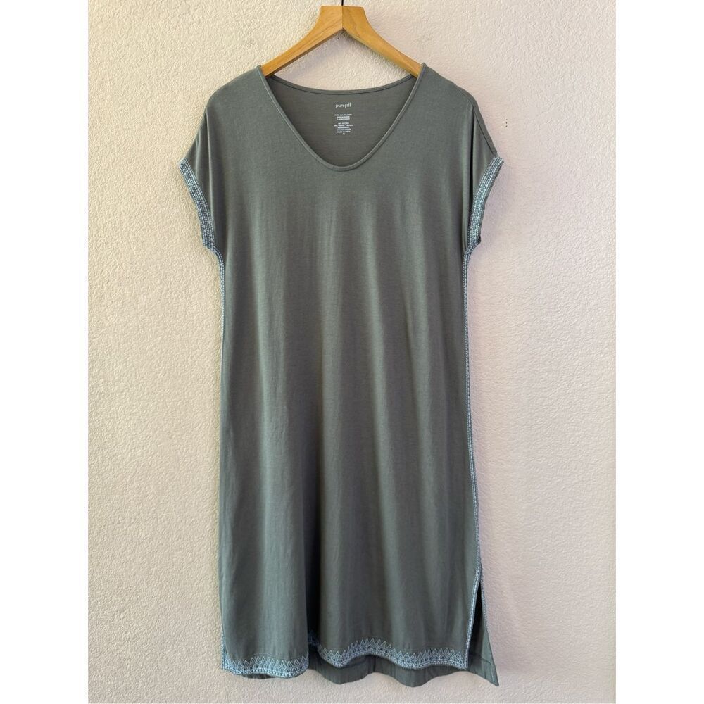 J Jill Relaxed Embroidered T-Shirt Dress Size XS Gray Green Casual Short Sleeve